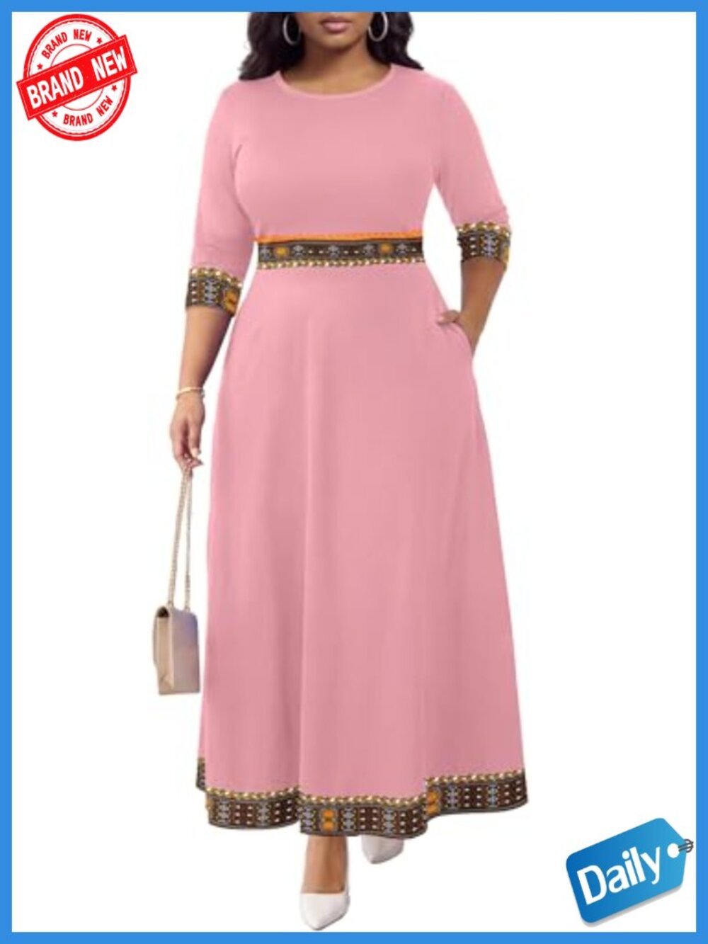 Women's Casual Maxi Dress 3/4 Sleeve African Print Church Dress with Pockets